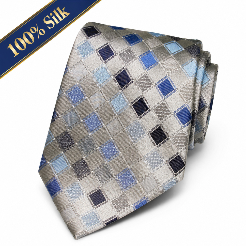 Van Heusen Men's 100% Silk Necktie Silver Blue Geometric Checkered Classic Tie